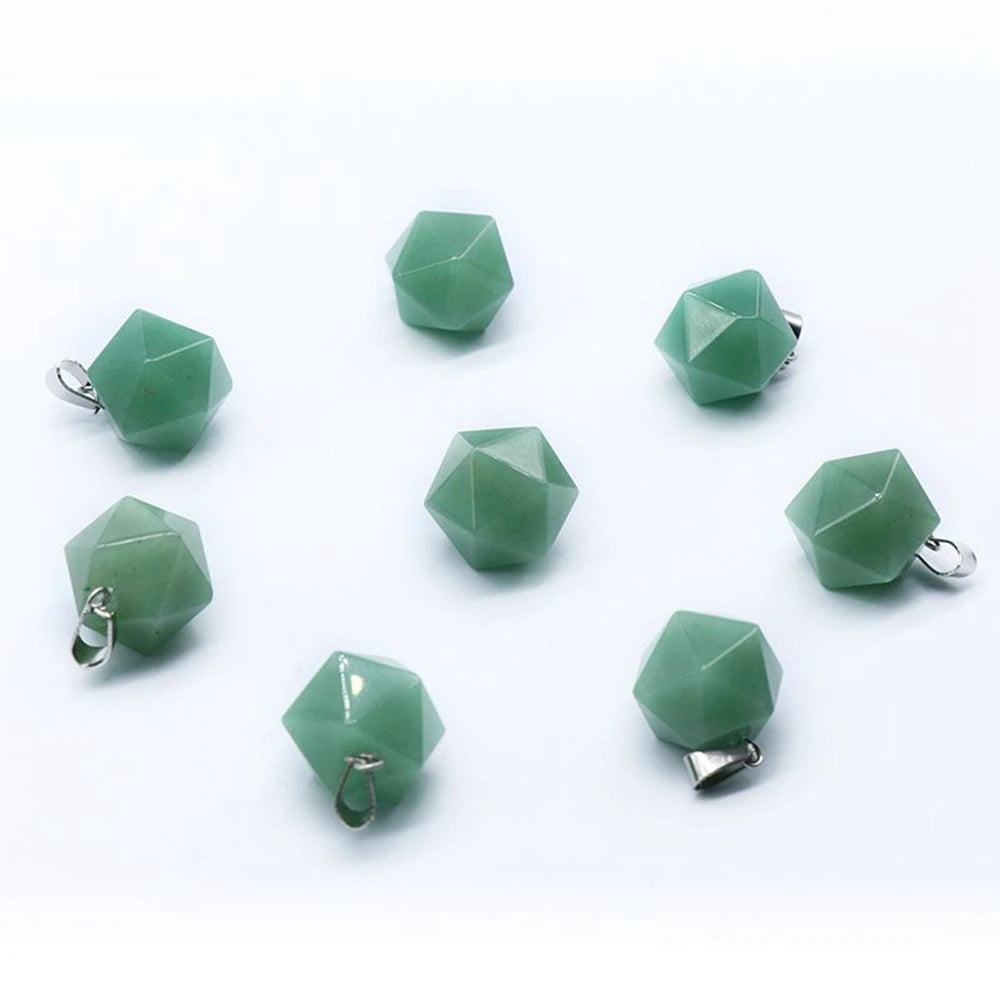 Natural Stone Icosahedron Pendant Necklace Sacred Geometry Faceted Crystal Charms Rose Quartz Green Aventurine Healing Gemstone Jewelry for Women Men