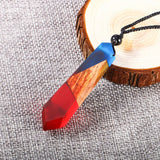 Creative Tie Shape Natural Wood Pendant Necklace, Three‑Color Red Blue Wood Splicing Pendant with Adjustable Black Cord, Handmade Boho Unisex Jewelry