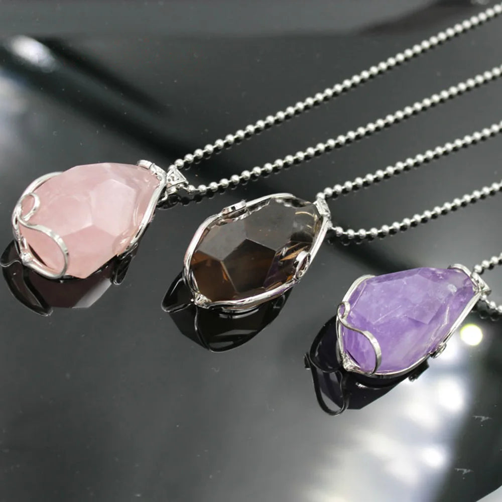 Wire‑Wrapped Irregular Faceted Natural Crystal Pendant, Silver Plated Raw Gemstone Necklace Charm, Healing Crystal Stone Jewelry for Women Gift
