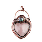 Vintage Copper Heart Crystal Necklace - Natural Gemstone Amethyst Rose Quartz Love Pendant with Abalone Shell Accent Witchy Jewelry