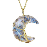 Dainty Gold Crescent Moon Pendant Necklace • Resin Crystal Chip Tree of Life Charm • Wiccan Goddess Spiritual Healing Crystal Jewelry