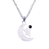 Vintage Stainless Steel Fairy on Moon Pendant Necklace - Natural Amethyst Stone Celestial Jewelry - Whimsical Angel Necklace for Women