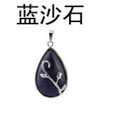 Silver Branch Rose Inlaid Teardrop Natural Crystal Pendant Water Drop Chakra Healing Gemstone Charm for DIY Necklace Jewelry Making