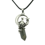 Gothic Star Moon Cat Crystal Necklace, Natural Gemstone Hexagonal Point Pendant, Vintage Silver Crescent Moon Choker with Black Cord for Women