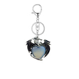 Vintage Silver Dragon Heart Crystal Keyring | Natural Stone Healing Quartz Pterosaur Charm Keychain for Purse, Backpack, Car Keys