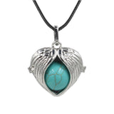 Angel Wing Heart Crystal Ball Pendant Necklace Silver Plated Natural Round Stone Chakra Healing Black Wax Cord Necklace for Women