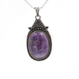 Vintage Antique Silver Oval Natural Gemstone Pendant 30×54mm, Ornate Carved Metal Frame Cabochon Crystal Stone Pendant, Reiki Chakra Healing Charm for DIY Necklace Jewelry Making Bohemian Spiritual Gift