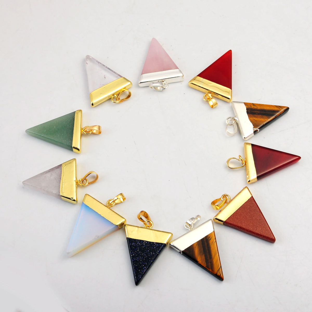 Natural Triangle Gemstone Pendant, Gold & Silver Plated Edge Crystal Charm, Chakra Reiki Healing Stone Pendant for DIY Necklace Making
