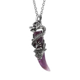 Gothic Silver Dragon Coiled Crystal Fang Necklace • Retro Mythical Creature Natural Gemstone Horn Pendant • Matching Couple Amulet Jewelry