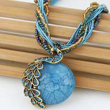 Boho Multi‑Strand Thread Cord Necklace, Vintage Carved Round Stone Ball Pendant Necklace, Ethnic Handmade Statement Necklace for Women 47.5cm