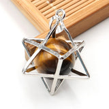 Merkaba Star Cage Natural Sphere Crystal Pendant Necklace, Silver‑Tone Metal Hollow Star Frame with Round Gemstone Bead Reiki Chakra Healing Necklace for Women