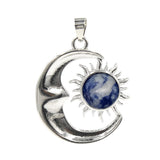 Natural Crystal Sun and Moon Pendant | Celestial Crescent Moon Gemstone Charm | Silver Alloy Sunburst Quartz Cabochon Jewelry Findings for DIY Making