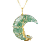Dainty Gold Crescent Moon Pendant Necklace • Resin Crystal Chip Tree of Life Charm • Wiccan Goddess Spiritual Healing Crystal Jewelry