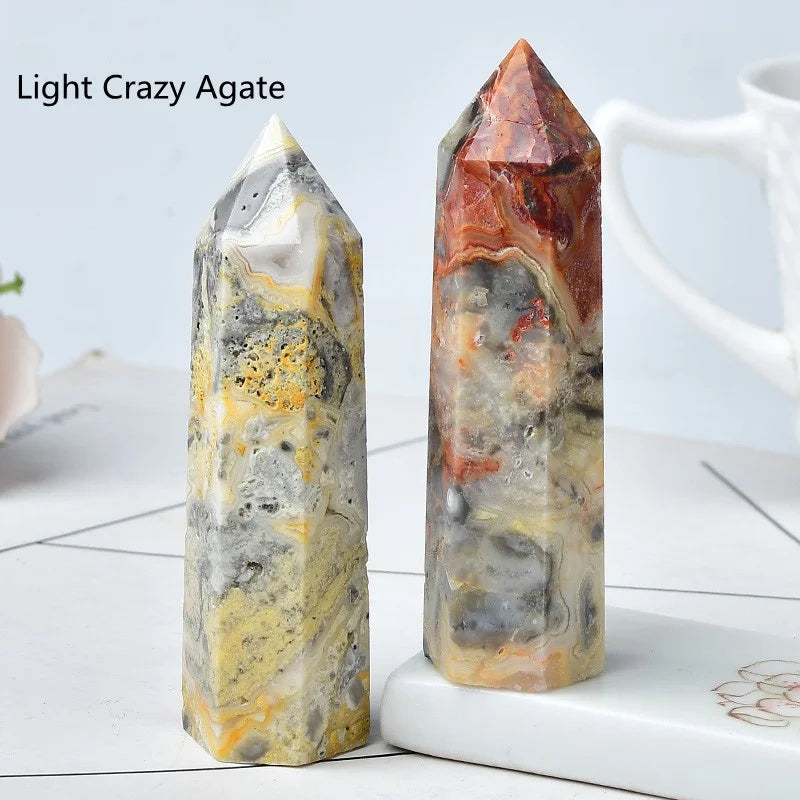 Natural Crazy Lace Agate Crystal Point Tower Polished Hexagonal Obelisk Wand for Home Decor Meditation Crystal Collection Gift