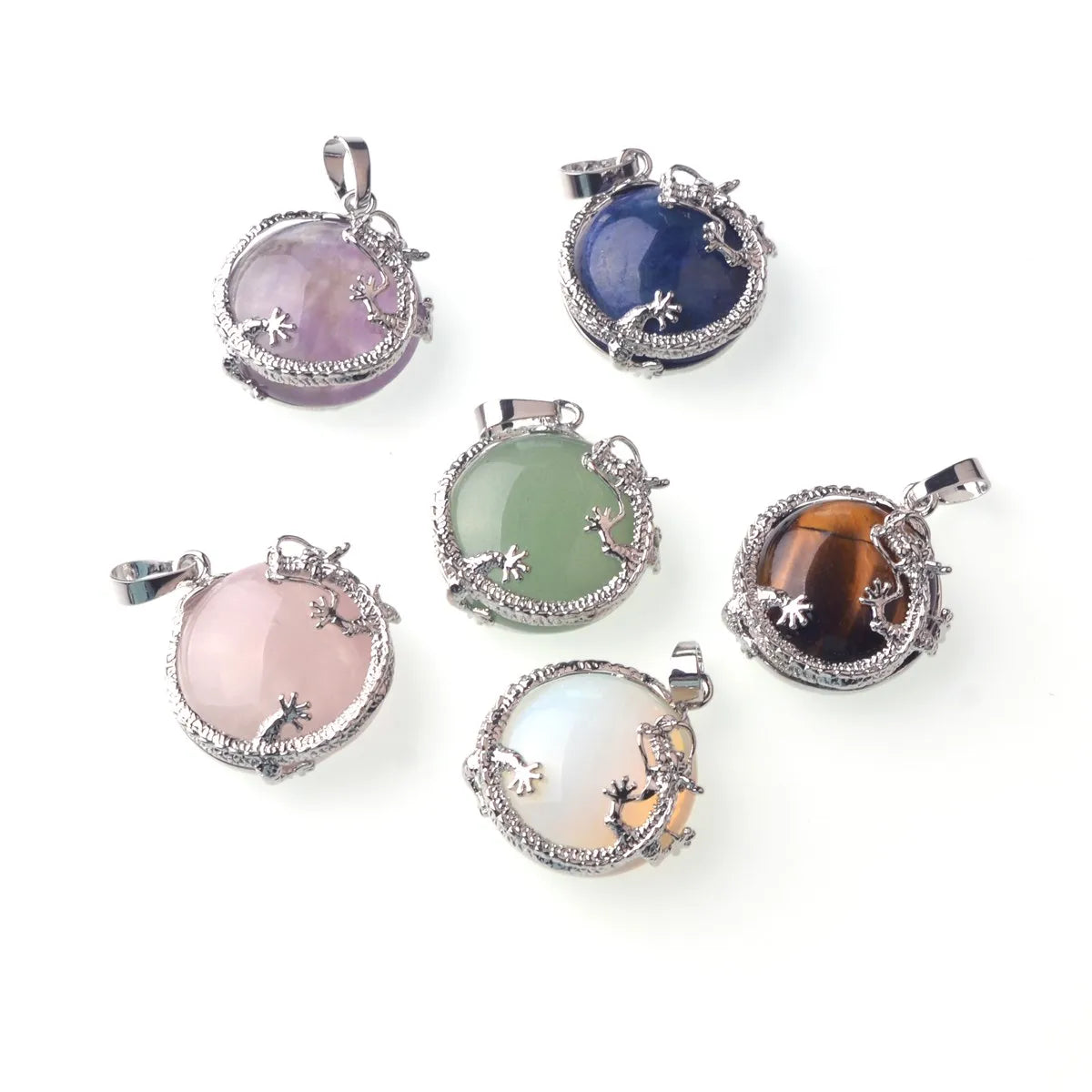 Vintage Dragon Encircled Natural Gemstone Keychain, Silver Plated Dragon Wrap Round Crystal Key Ring, Multi‑Color Stone Bag Pendant Accessory