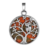 Natural Crystal Tree of Life Owl Pendant Necklace – 30mm Round Gemstone Amulet Jewelry Gift for Women