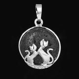 Natural Gemstone Round Pendant Silver‑Tone Double Cat Silhouette Overlay Charm, Mixed Crystal Stone Cat Lover Pendant DIY Necklace Jewelry Making Reiki Healing