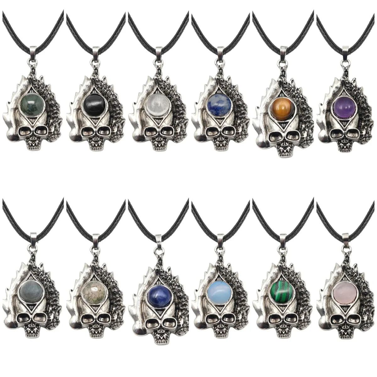 Dark Culture Silver Skull Fire Amulet Necklace • Vintage Biker Flame Skeleton Crystal Holder Pendant • Unisex Hip Hop Streetwear Jewelry