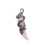 Vintage Stainless Steel Dragon Wrapped Tooth Pendant Necklace • Natural Healing Stone Horn Spike Charms • Gothic Punk Wiccan Crystal Jewelry