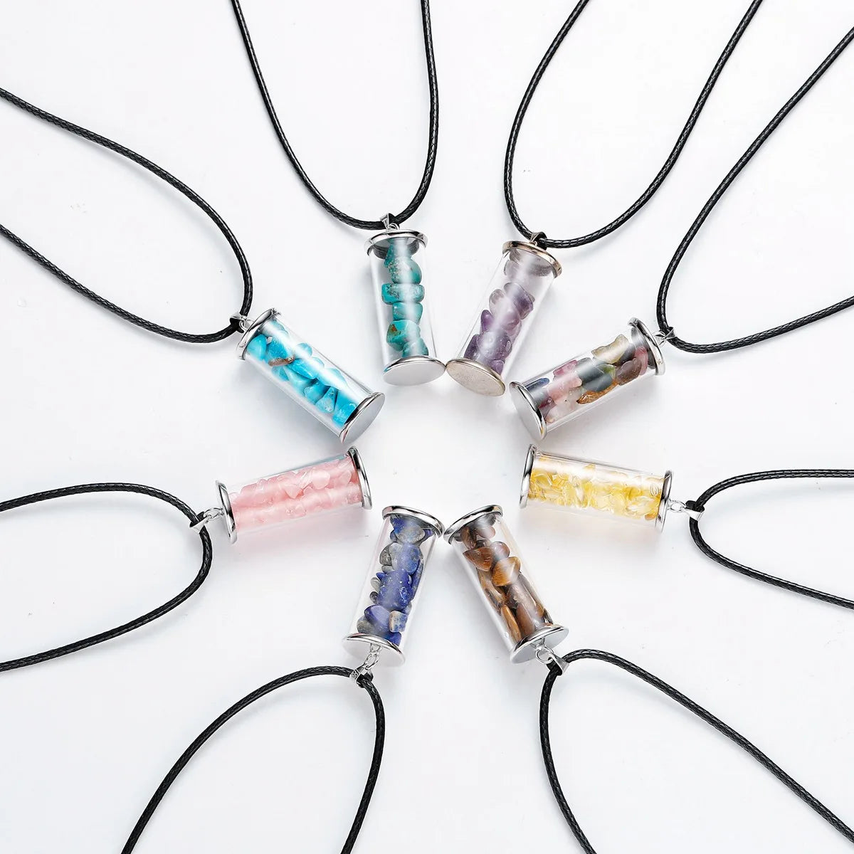Natural Chip Crystal Glass Bottle Pendant, Stainless Steel Frame Wishing Bottle Filled Gemstone Gravel Pendant Reiki Chakra Healing DIY Necklace Charm for Jewelry Making