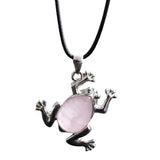 Natural Gemstone Frog Pendant Necklace Teardrop Inlaid Crystal Stone Silver‑Tone Metal Frog Charm 25x27mm Reiki Chakra Healing Stone Pendant With Wax Rope Cord for Women Jewelry Gift Bulk