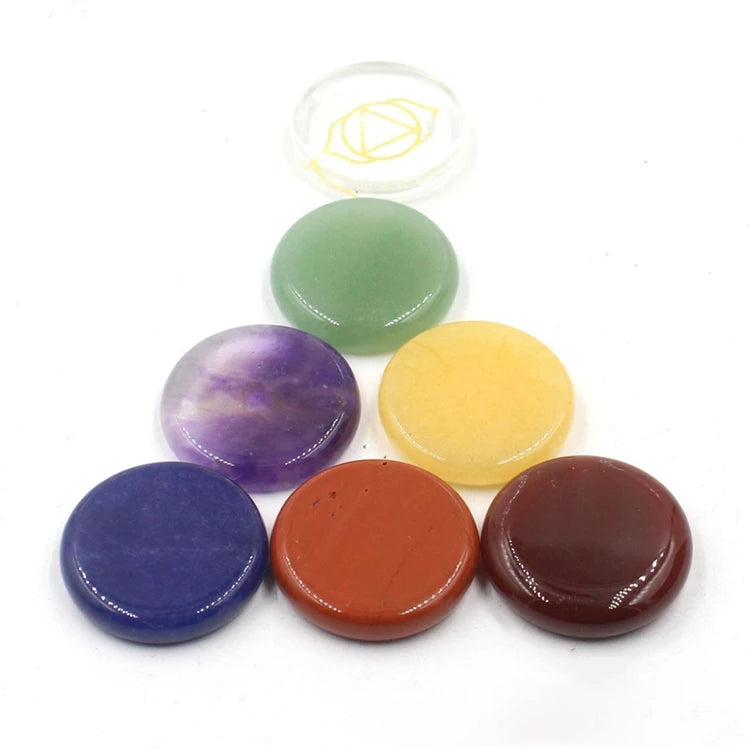 7 Chakra Engraved Round Palm Stone Set, Natural Crystal Reiki Healing Pocket Stones Golden Chakra Symbol Meditation Worry Stones Kit