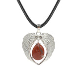 Vintage Silver Angel Wings Heart Necklace - Natural Stone Wax Cord Teardrop Pendant for Men & Women, Spiritual Gift