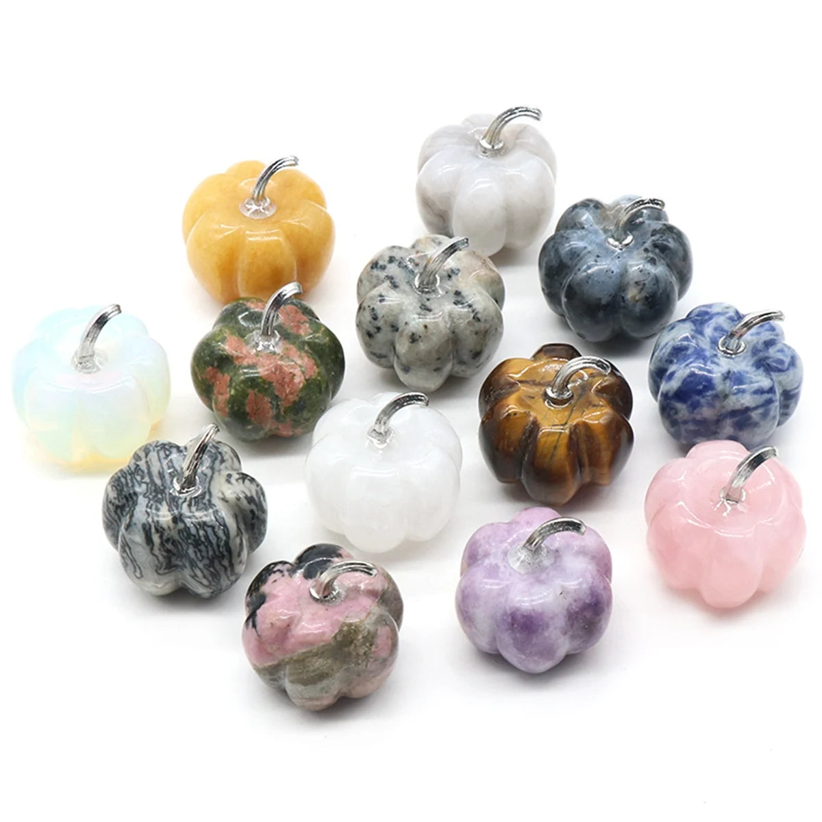 6Pcs Set 30MM Natural Crystal Pumpkin Figurines Gemstone Pumpkin Ornament With Metal Stem Halloween Healing Crystal Gift
