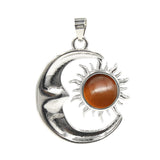 Natural Crystal Sun and Moon Pendant | Celestial Crescent Moon Gemstone Charm | Silver Alloy Sunburst Quartz Cabochon Jewelry Findings for DIY Making