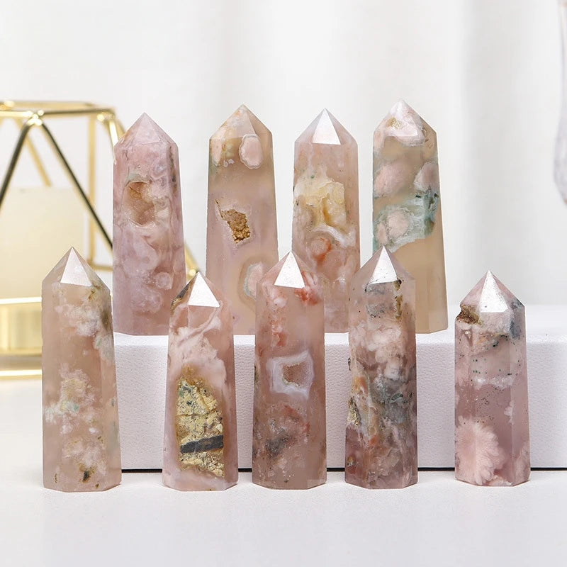 Natural Flower Agate Crystal Point Tower Polished Hexagonal Obelisk Wand for Home Decor Meditation Crystal Collection Gift