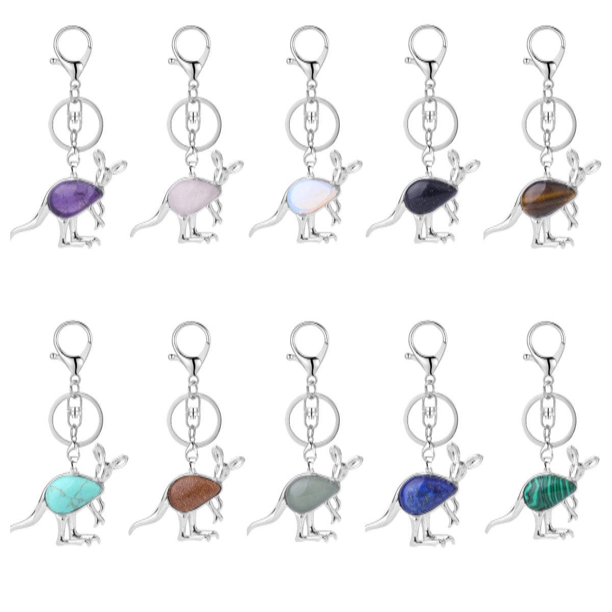 Silver Kangaroo Gemstone Pendant Keychain #KC1765 Animal Crsytal Key Chain