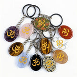 Oval Gemstone Disc Keychain– Carved with Custom Words & Symbol -"3D & OM"