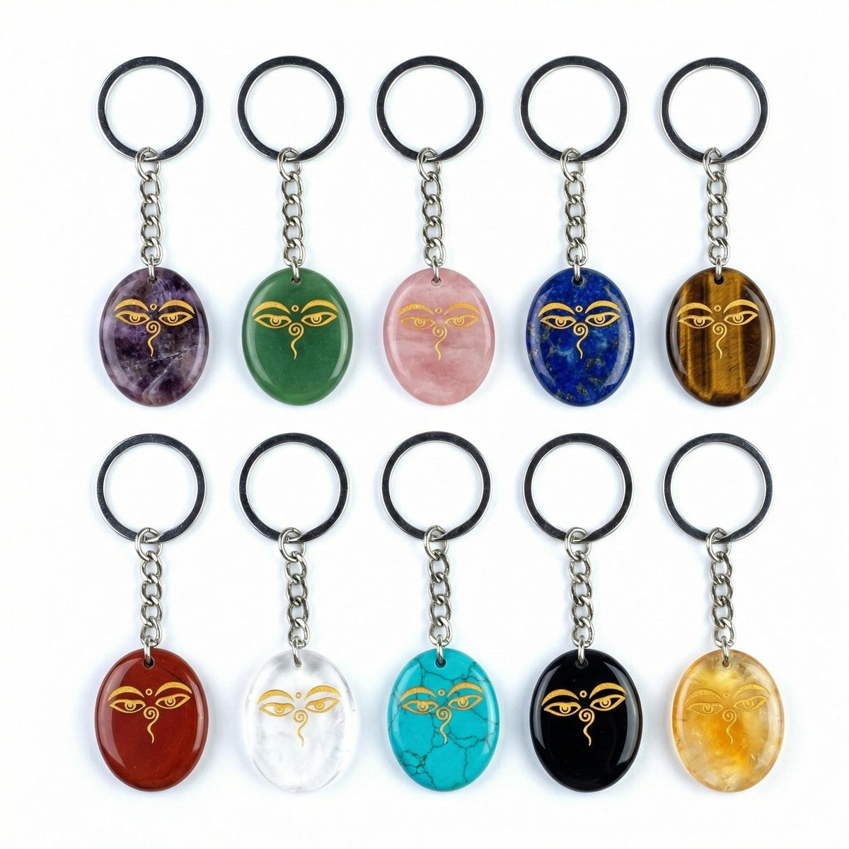 Oval Gemstone Disc Keychain– Carved with Custom Words & Symbol -"The Buddha's Contemplative Eye"