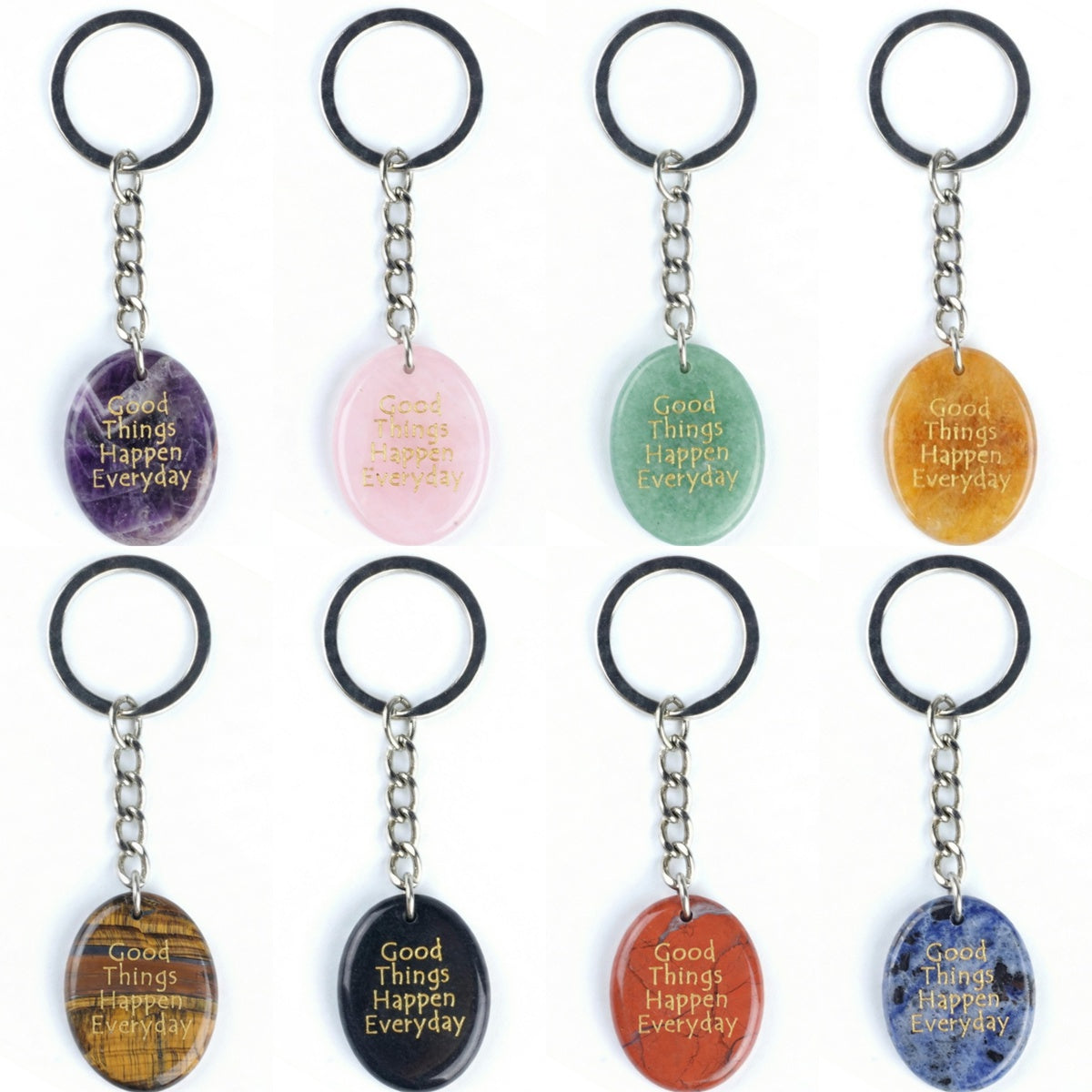 Oval Gemstone Disc Keychain– Carved with Custom Words & Symbol -Good Things Happen Everyday
