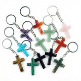 Handmade Natural Gemstone Cross Pendant Keychain, Carved Christian Cross Key Accessories for Women Men, Religious Gift, Jewelry Key Chain 27x40mm