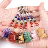 Gemstone Snal Pendant Keychain Hand Carved 25MM Animal Keyring 7 Chakra Beads Chain Accessories for Bag #KC2302S-A4