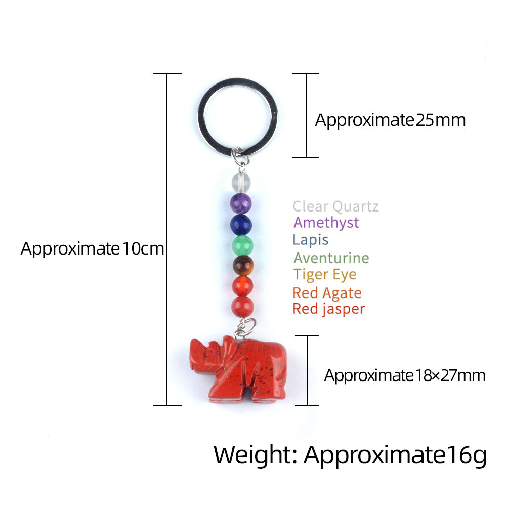 1 Inch Rhinoceros Gemstone Pendant Keychain 7 Chakra Beads Chain #KC2306S-A4