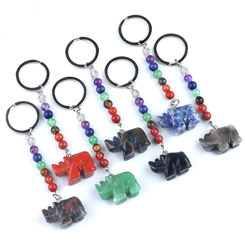 1 Inch Rhinoceros Gemstone Pendant Keychain 7 Chakra Beads Chain #KC2306S-A4