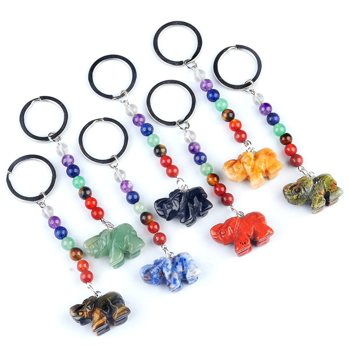 1 Inch Elephant Gemstone Pendant Keychain 7 Chakra Beads Chain #KC2307S-A4