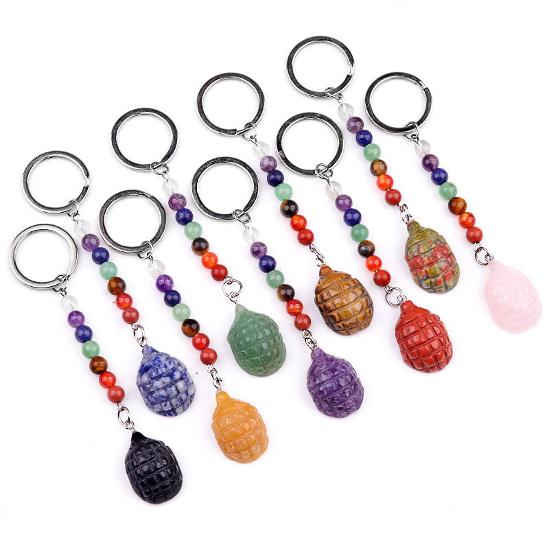 1Inch Gemstone Hedgehog Pendant Keychain 7 Chakra Beads Chain #KC2308S-A4