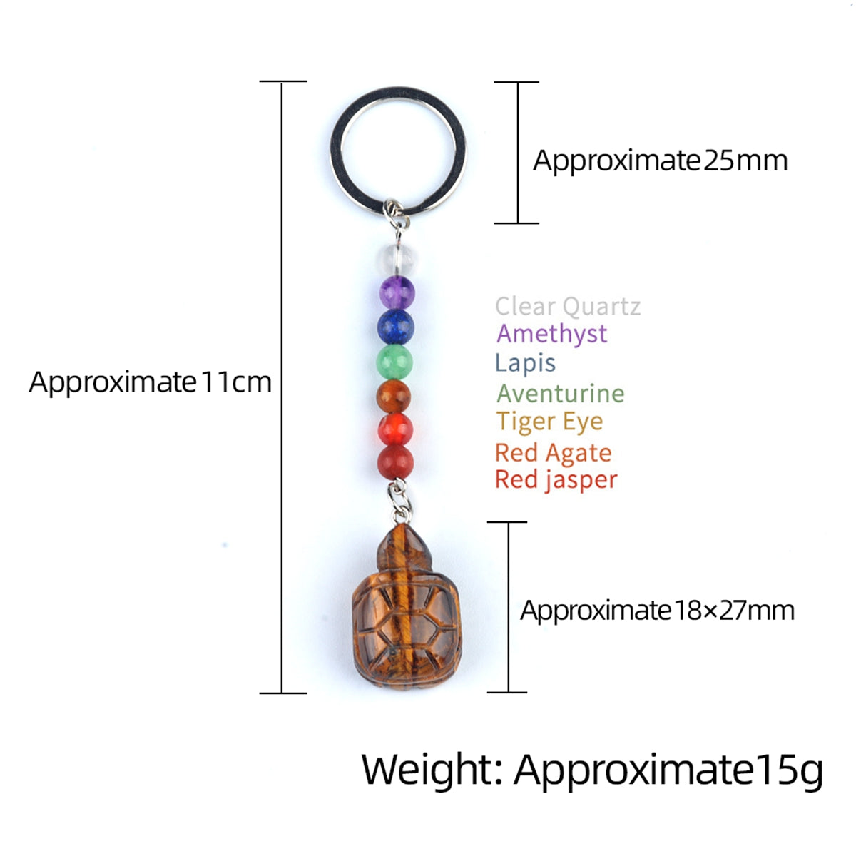 1 Inch Handmade Carved Tortoise Gemstone Pendant Keychain 7 Chakra Beads Chain #KC2312S-A4