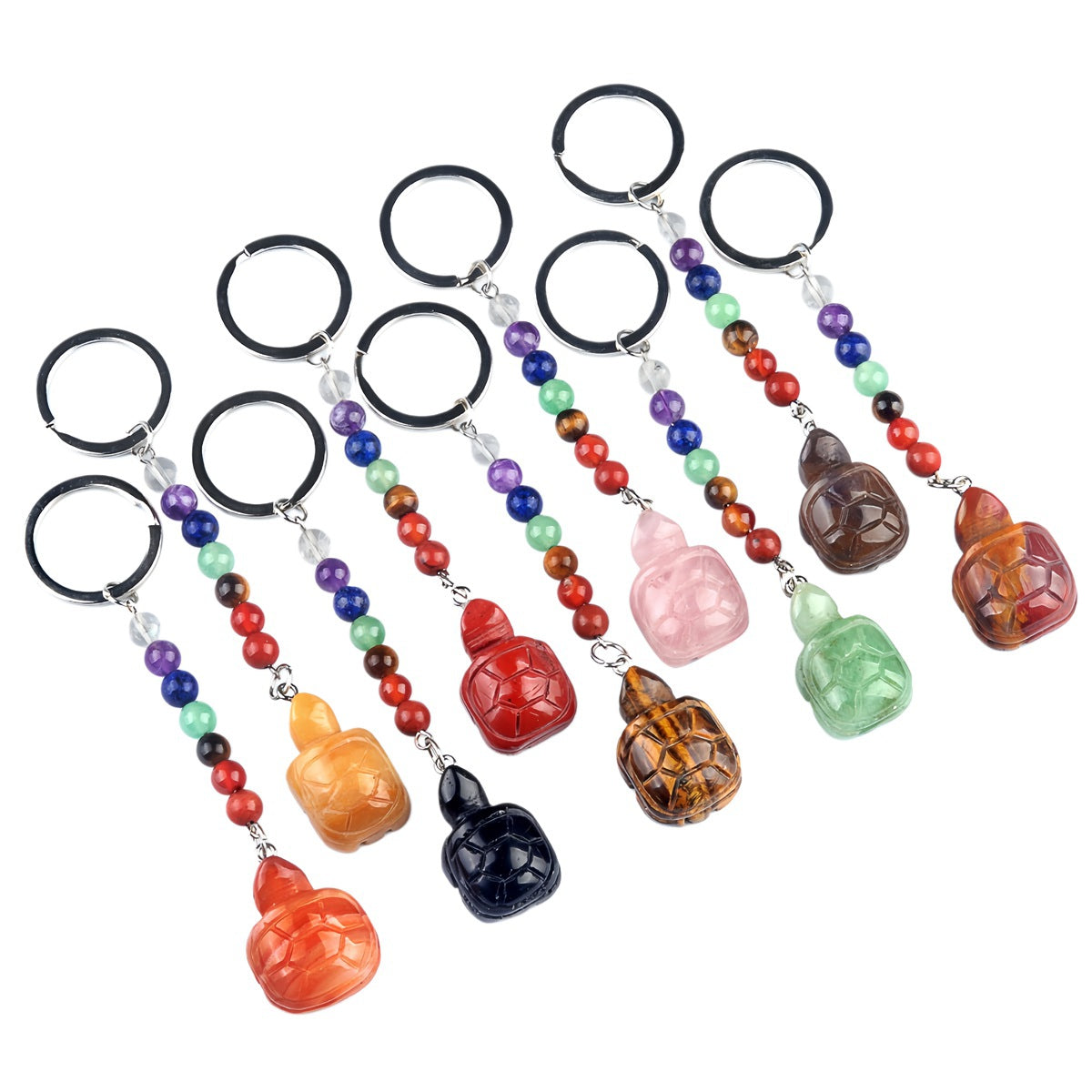 1 Inch Handmade Carved Tortoise Gemstone Pendant Keychain 7 Chakra Beads Chain #KC2312S-A4