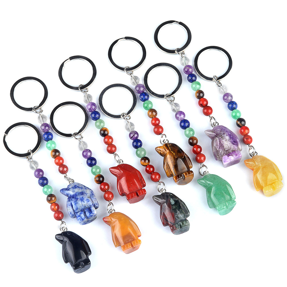 1 Inch Hand-Carved Penguin Gemstone Pendant Keychain 7 Chakra Beads Chain #KC2313S-A4