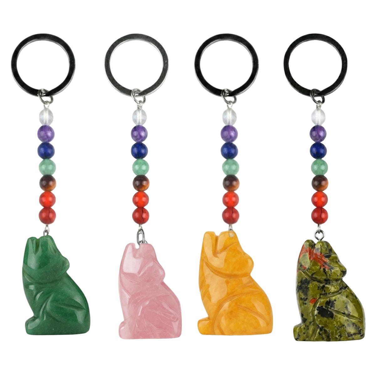 1.0 Inch Hand Carved Wolf Gemstone Pendant Keychain 7 Chakra Beads Chain #KC2314S-A4