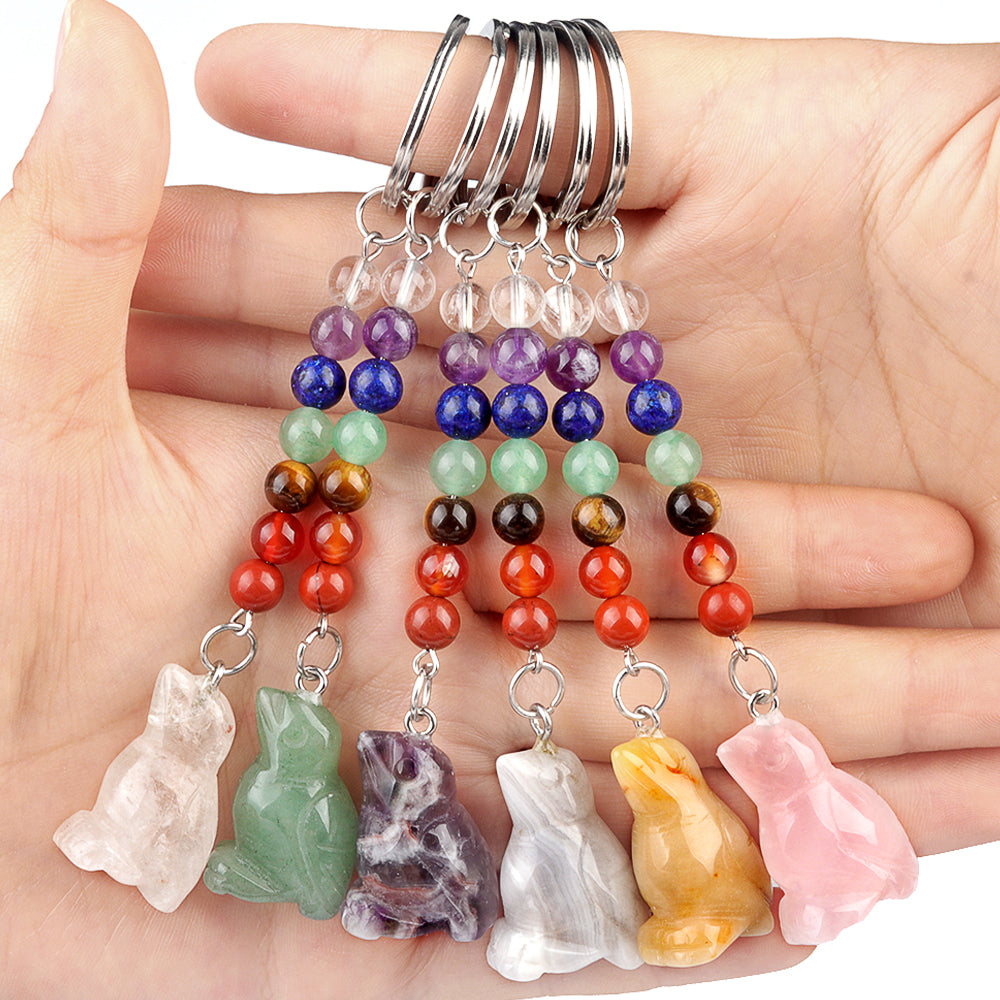 1.0Inch Handmade Craved Bird Gemstone Pendant Keychain 7 Chakra Beads Chain #KC2317S-A4