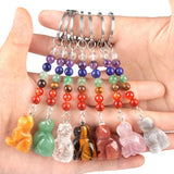 1.0Inch Handmade Craved Cat Gemstone Pendant Keychain 7 Chakra Beads Chain #KC2319S-A4