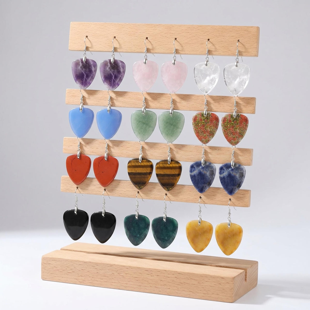 Hand-Polished Gemstone Guitar Pick Pendant Dangle Earrings Unique Crystal Jewelry PE2030