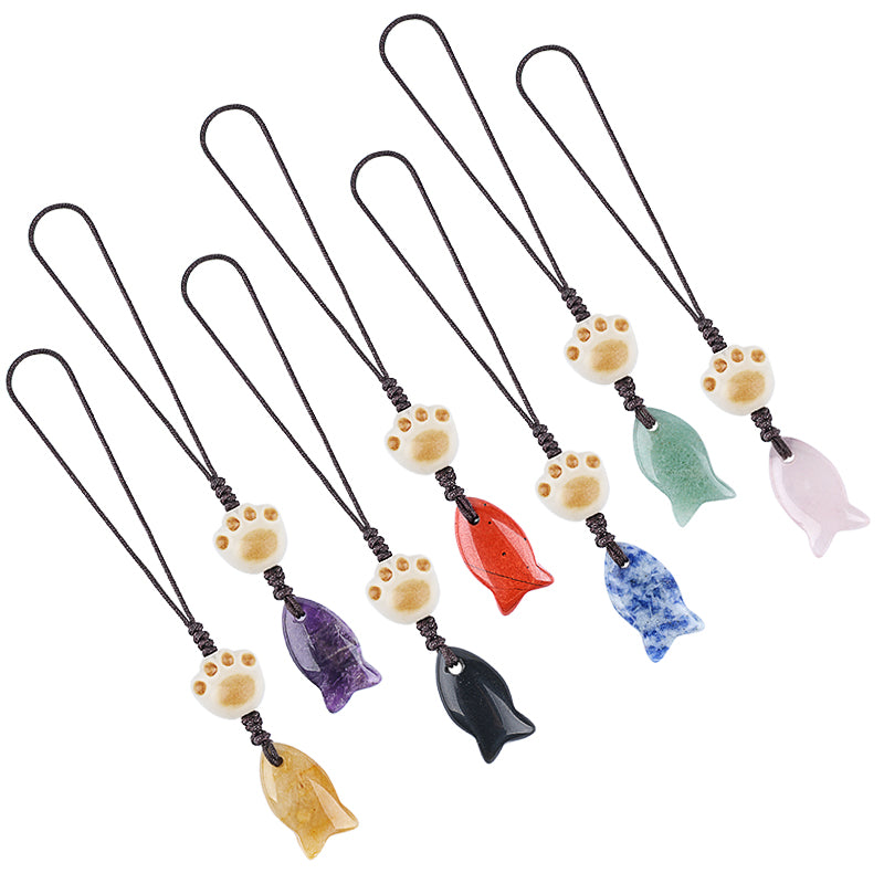 Mini Fish Gemstone Pendant Strand Keychain Black Rope Cat Claw