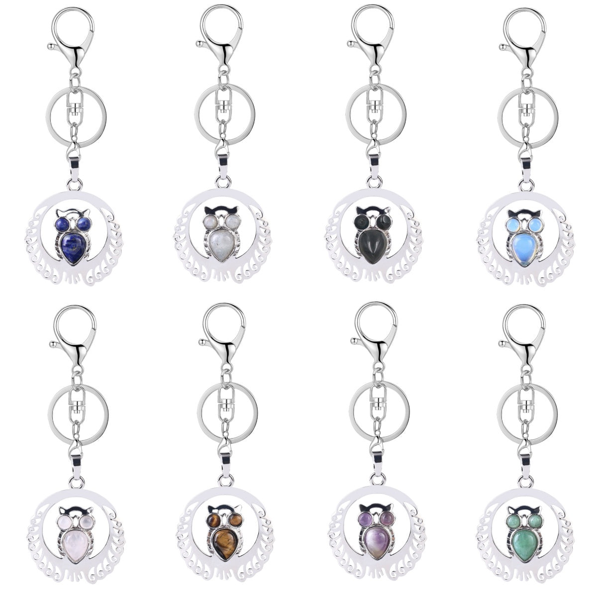 Silver Owl Gemstone Pendant Charms Keychain #KC1759 Crescent Frame Cute Bird Animal Healing Crystal Jewelry for Women