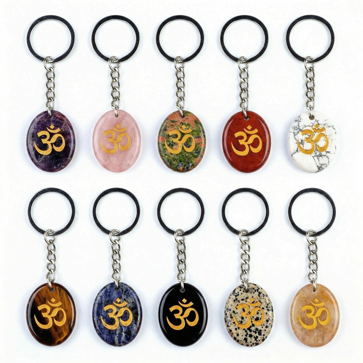 Oval Gemstone Disc Keychain– Carved with Custom Words & Symbol -"3D & OM"